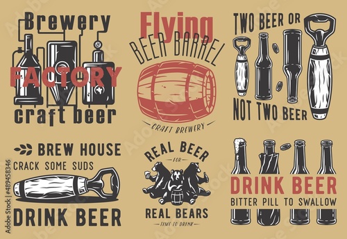 Craft beer brewery, brewing factory and bears with mug of beer and barrel