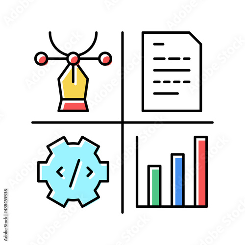 design, programming, content manager and analytics job color icon vector illustration