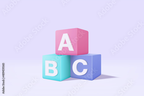 3d ABC blocks connecting jigsaw puzzle. Symbol of business teamwork and baby kid intelligence development concept, cooperation, partnership. 3d vector render isolated on pastel background
