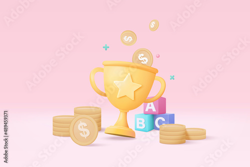 3d winners minimal with golden cup and money coin, gold winners stars on podium background. Award ceremony concept on pedestal with cartoon style. 3d vector render isolated on pastel background