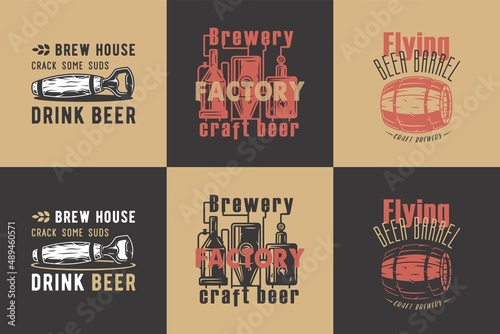 Craft beer brewery, brewing factory and barrel emblems set