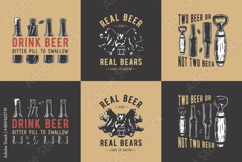 Beer bottle corks, barley and bear with mug of craft beer emblems set