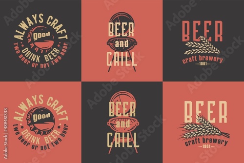 Craft beer bottle corks, barley and grill emblems set
