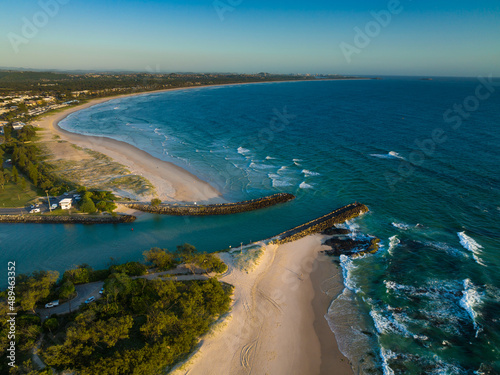 Cudgen Creek mouth at Kingscliff from a drone showing the new Tweed Valley Hospital emerging on the hill. Mt Warning sitting on the horizon