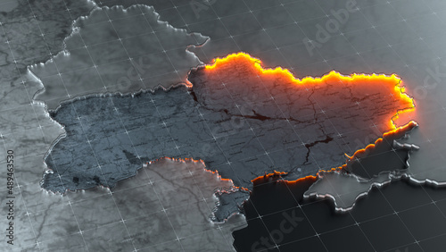 Illustration of the tensions between Ukraine and Russia. Military conflict. Conceptual map of state borders. 3d render
