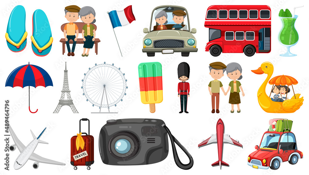 Set of summer vacation objects and elements Set of summer vacation objects and elements