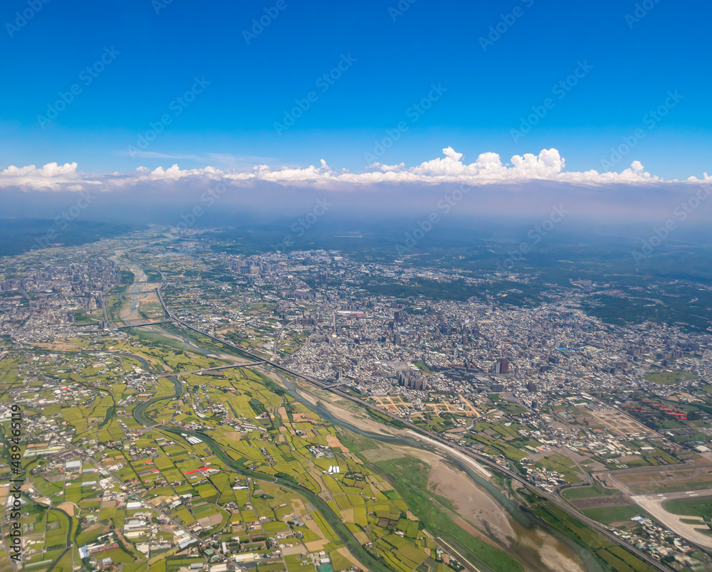 Sunny aerial view of the Hsinchu City