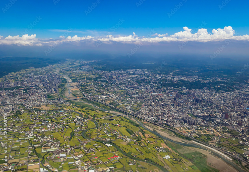 Fototapeta premium Sunny aerial view of the Hsinchu City