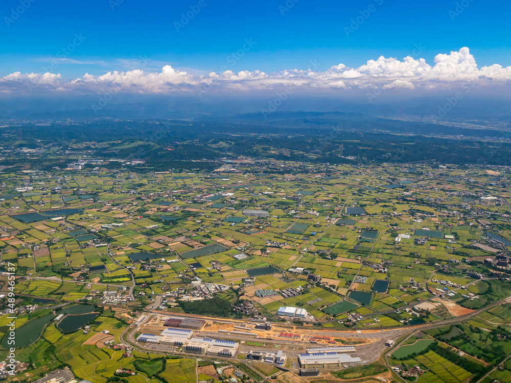 Sunny aerial view of the Yangmei District, Taoyuan City