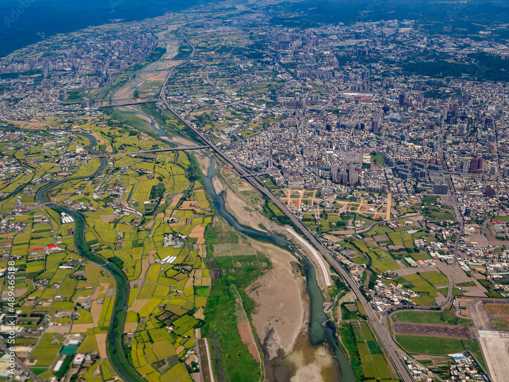 Sunny aerial view of the Hsinchu City