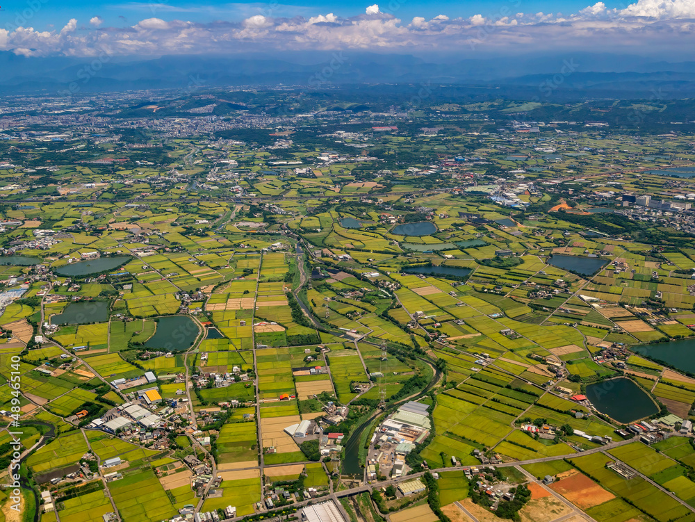Sunny aerial view of the Xinwu District, Taoyuan City