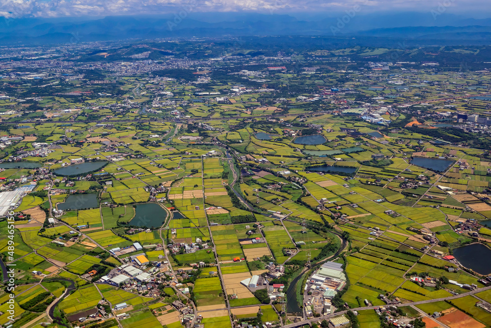Sunny aerial view of the Xinwu District, Taoyuan City