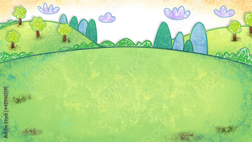 Farm spring background oil pastel crayon doodle hand-drawn illustration