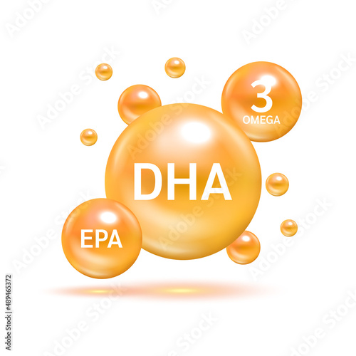 Fish oil omega 3 Nutrients DHA and EPA Shining orange. Benefits of pills improving mental, heart. Supplemental eyes, bones health and lower cholesterol level. 3D Vector EPS10. photo