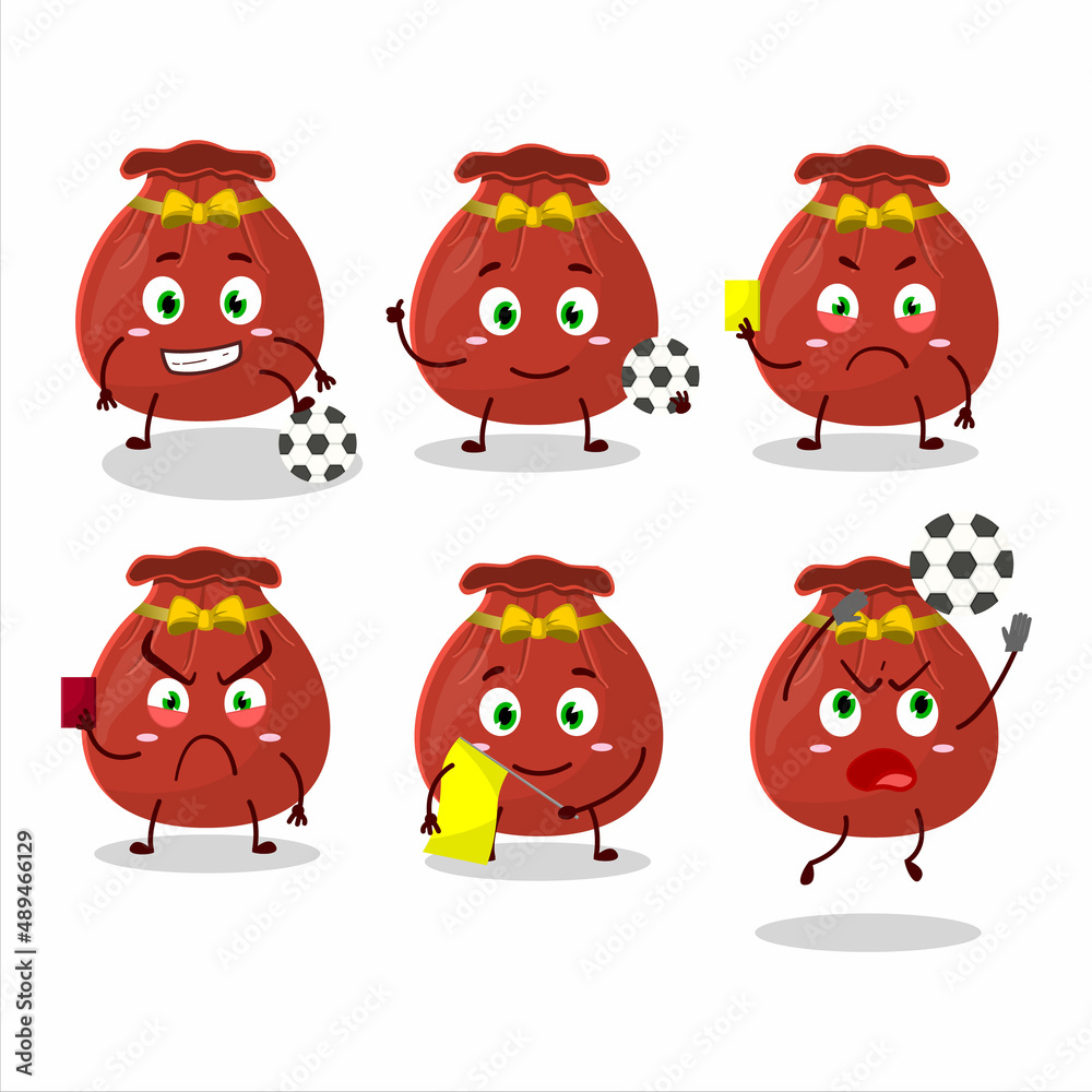 Red bag cartoon character working as a Football referee Red bag cartoon character working as a Football referee