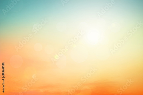 Relaxing outdoors vacation landscape concept: Abstract blurred sunlight beach colorful blurred bokeh background with autumn sunset sky calm.