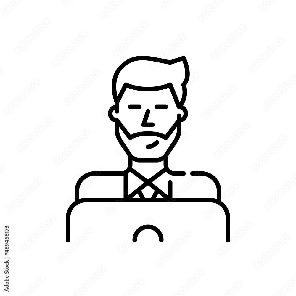 Stylish young man working at a laptop. Pixel perfect, editable stroke color icon Stylish young man working at a laptop. Pixel perfect, editable stroke color icon