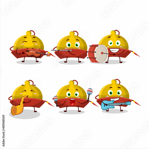 Cartoon character of yellow chinese traditional hat playing some musical instruments