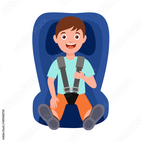 Cute boy kids sitting in car seat in flat design on white background. Child safety car seat concept vector illustration.