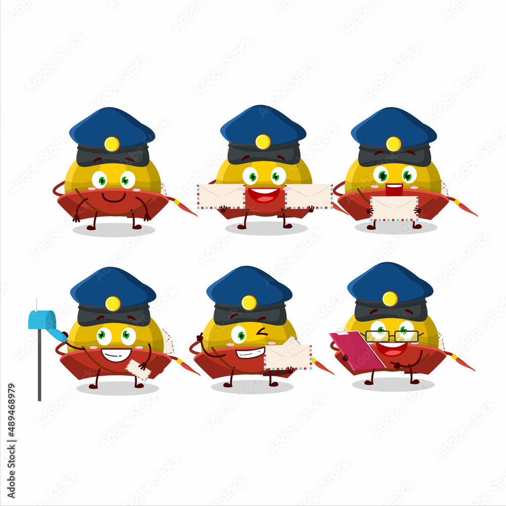 A picture of cheerful yellow chinese traditional hat postman cartoon design concept A picture of cheerful yellow chinese traditional hat postman cartoon design concept