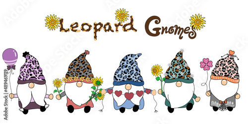 Collection of leopard gnomes designed in doodle style for cards, t-shirt designs, pillow designs, stickers, art for kids, key chains, children's clothing designs, digital prints and more. other