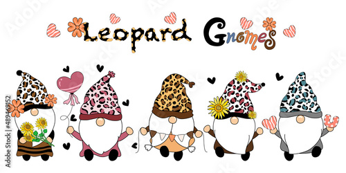 Collection of leopard gnomes designed in doodle style for cards, t-shirt designs, pillow designs, stickers, art for kids, key chains, children's clothing designs, digital prints and more. other