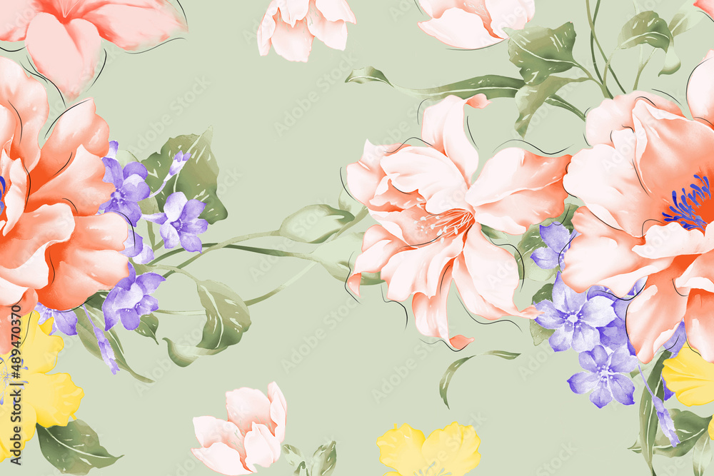 Obraz Akwarela ręcznie malowane kwiaty Paisley piękne róże