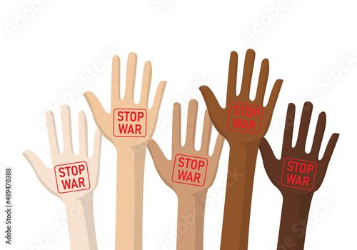 Hand raise with stop war sign. Say no the violence in war. vector illustration in flat style modern design. isolated on white background. 