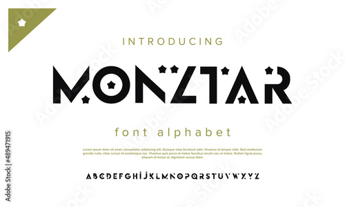 Modern abstract star shape font. Sans serif alphabet for music, sport, fashion. Minimal technology typography. Vector illustration