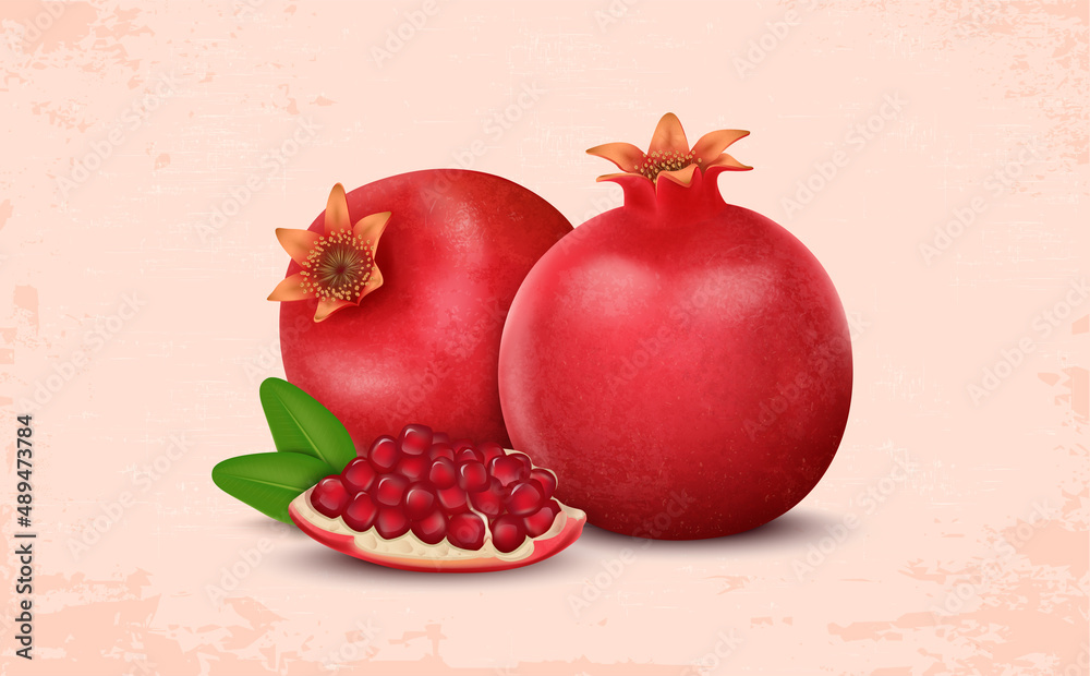 Fresh pomegranates vector illustration with red pomegranate seeds Fresh pomegranates vector illustration with red pomegranate seeds