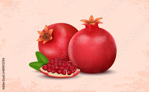 Fresh pomegranates vector illustration with red pomegranate seeds