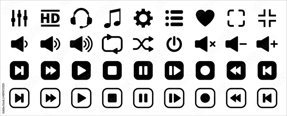 Media music player button icons. Multimedia player buttons set. Contains  icon of equalizer, pause, setting, record, favorite, repeat, power, menu,  forward, backward, next, back. Vector illustration. Stock-Vektorgrafik |  Adobe Stock