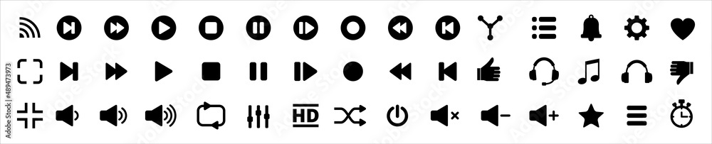Media music player button icons. Multimedia player buttons set. Contains icon of equalizer, pause, setting, record, favorite, repeat, radio, menu, streaming, backward, next, back. Vector illustration. - obrazy, fototapety, plakaty 