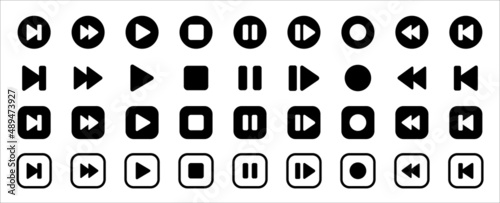 Media music player button icons. Multimedia player buttons set. Contains icon of play, pause, stop, record, next track, back, previous, forward, and backward. Vector illustration.