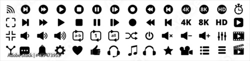 Media video player button icons. Multimedia movie player buttons set. Contains icon of equalizer, pause, setting, record, 8k, hd, repeat, 4k, menu, streaming, backward, next, back. Vector illustration photo