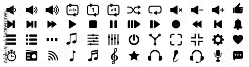 Media music player button icons. Multimedia player buttons set. Contains icon of equalizer, pause, setting, record, favorite, repeat, radio, menu, streaming, backward, next, back. Vector illustration.