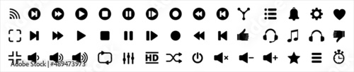 Media music player button icons. Multimedia player buttons set. Contains icon of equalizer, pause, setting, record, favorite, repeat, radio, menu, streaming, backward, next, back. Vector illustration. photo