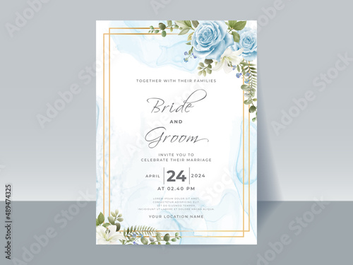Hand drawing blue roses wedding invitation card