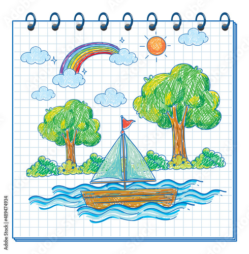 A notebook with a doodle sketch design with colour at the cover page
