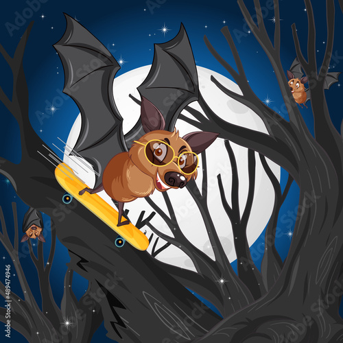 Cartoon bat playing skateboard at night scene