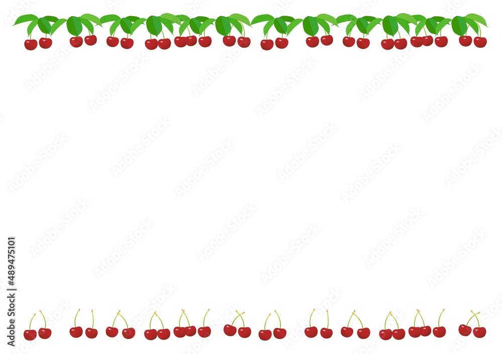 Obraz premium 葉のついたサクランボの実と収穫したサクランボの実で飾られたフレーム