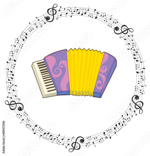 A accordion with musical notes on white background