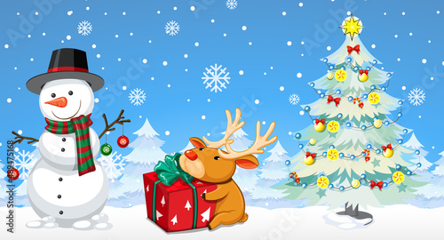 Christmas cartoon characters on snowy blue background