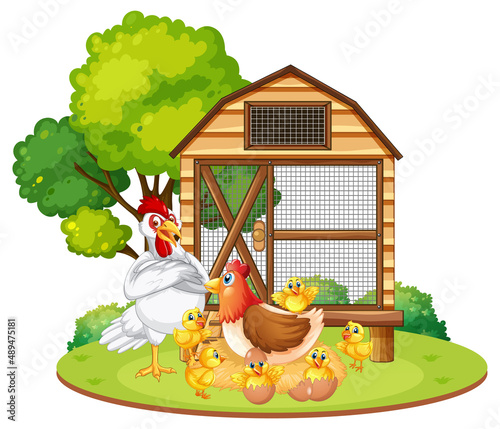 An isolated scene with a group of chickens in cartoon style