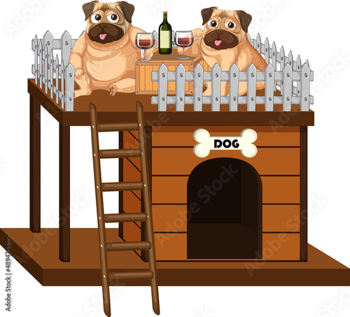 Dogs and doghouse made of wood