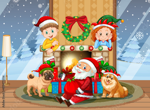 Children celebrating Christmas at home with Santa Claus