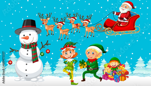 Christmas cartoon characters on snowy blue background