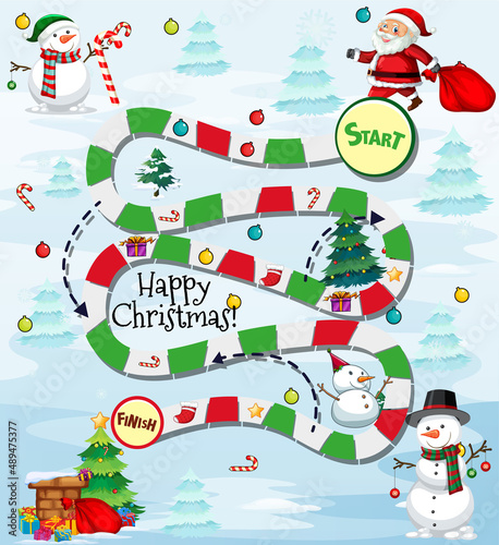Snake and ladders game template with Christmas theme