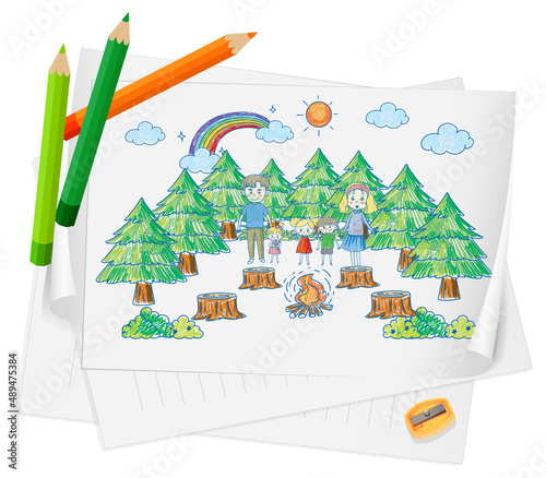 A paper with a doodle sketch design with color and colour pencils