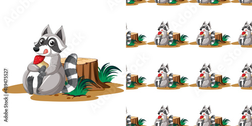 Seamless design of raccoon on white background